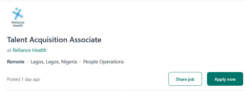 Talent Acquisition Associate Reliance Health Jobs Workable